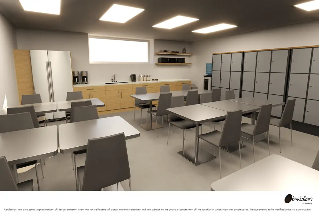 Rendering of the staff break room in the new Premier Warehouse