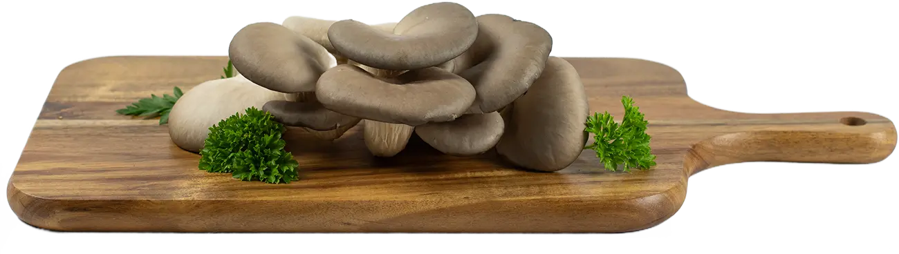 Oyster mushrooms with parsley on a wood cutting board