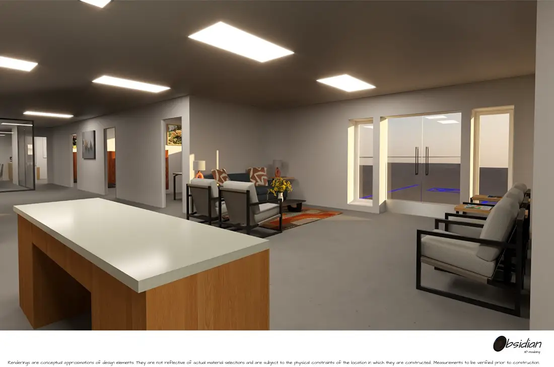 Rendering of the inside reception area of the new Premier Warehouse