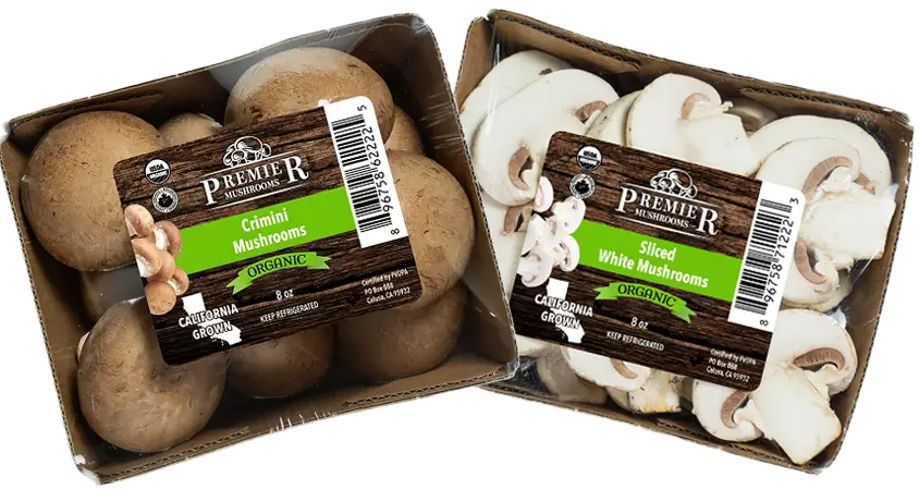 Premier Mushrooms' Organic whole brown and sliced white mushrooms