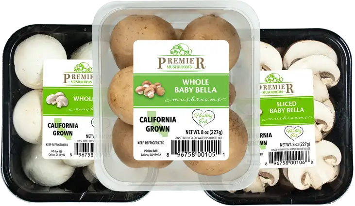Premier Mushrooms' white, brown and sliced white mushrooms in black and clear packaging