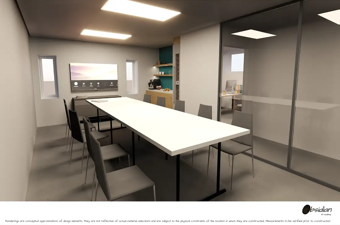 Rendering of the staff break room with coffee area.