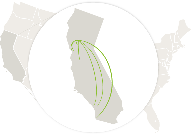 Close up of California and the places Premier ships to