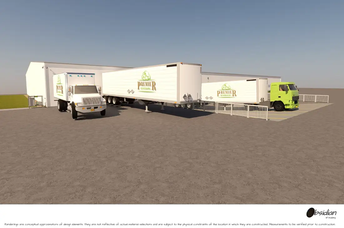 Rendering of the outside of the new Premier Distribution Centre with trucks loading