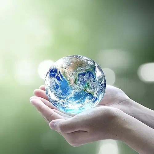 hands cupping a glass earth globe