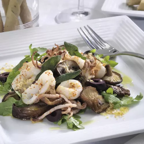 A medley of mushrooms along with calamari, kalamata olives and greens on a white plate