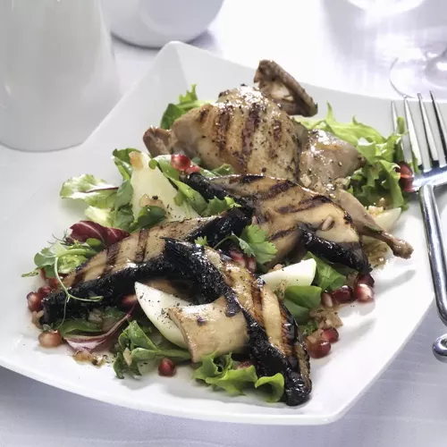 Grilled Portabella mushrooms with quail on top of a salad on a white serving dish